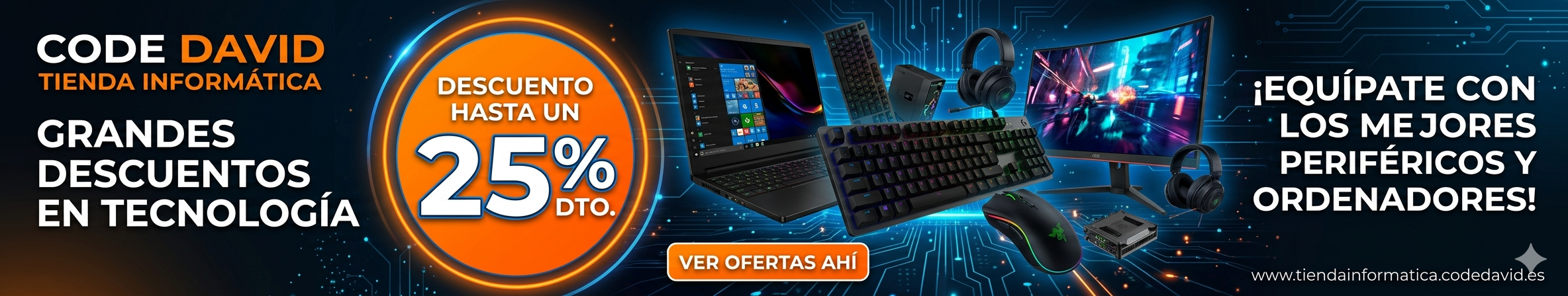 Grandes descuentos en tecnología en Code David. Renueva tu equipo con hasta un 25% de descuento en una selección exclusiva de ordenadores, portátiles y periféricos gaming de alta gama. ¡Haz clic y equípate con lo mejor!